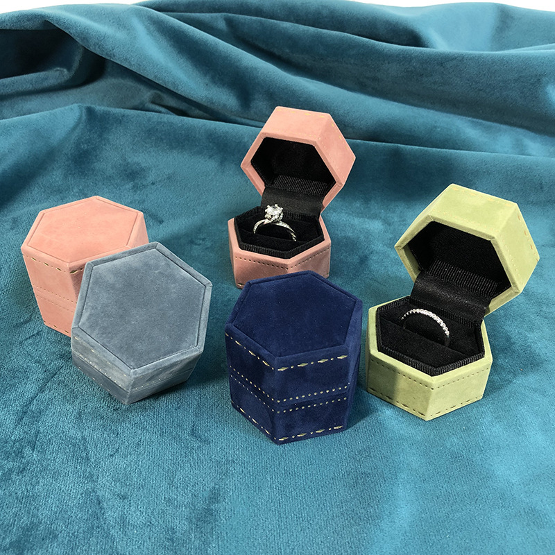 Hexagonal Flip Ring Box Paper Velvet Printed Jewelry Box Proposal Wedding Diamond Ring Box Earring Box