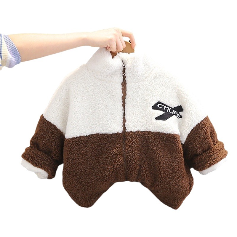 Children's stitching letter stand collar coat boys' fleece-lined coat autumn and winter baby Western style fleece-lined thickened coat