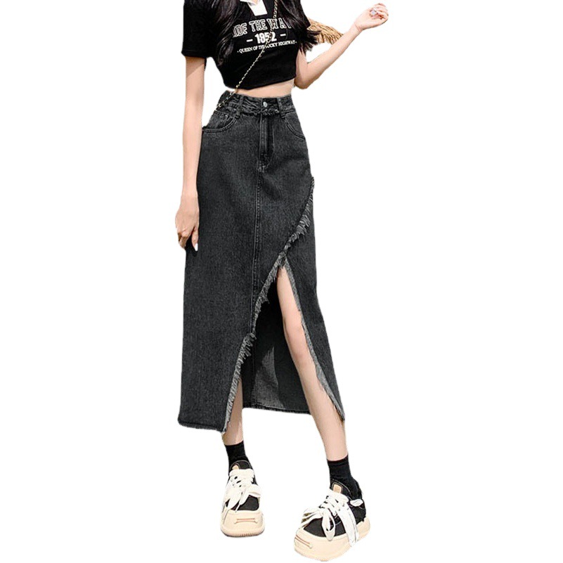 Mid-length A- line Skirt 2023 New Vintage Split Denim Skirt Women's Design Sense Hot Girl High Waist Slimming Summer