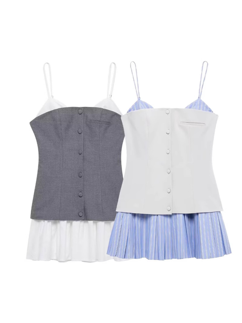 Cross-Border Wholesale 2025 Women's Spring New Style European and American Style Fashionable and Sexy Poplin Splicing Suspender Dress