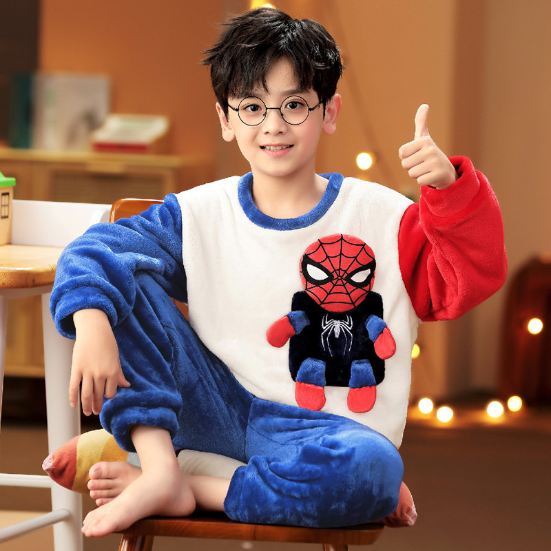 Picture of Autumn and Winter Plush Children's Pajamas Boy's Cute Cartoon Thickened Warm Coral Fleece Children's Home Clothes