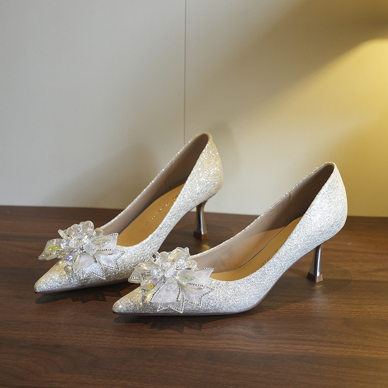 Picture of 3356-26 Goddess Fairy Fan ~ Crystal Bow High Heels Women's Pointed Heel Wedding Shoes Bridesmaid Banquet Shoes