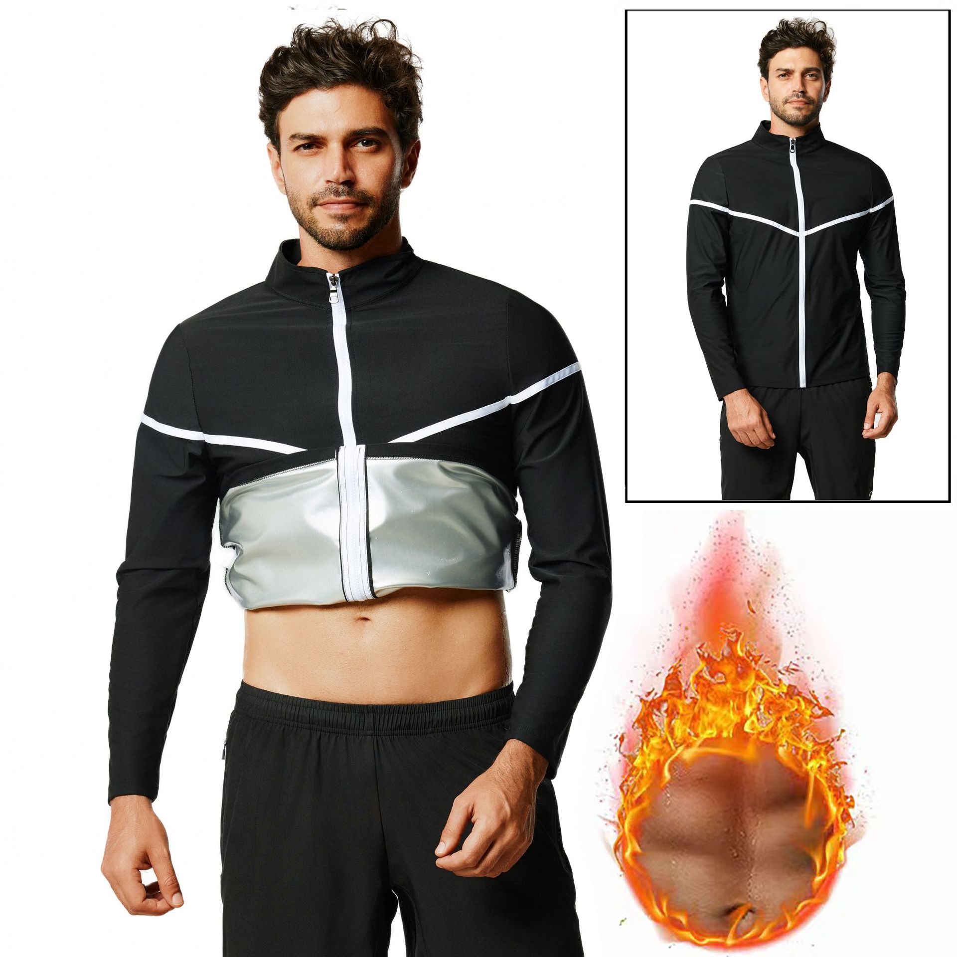 Amazon Men's Sports Running Fitness Clothing European and American plus size Bundle Sweat Clothing Cross-border Belly Tinting Long-sleeved Body Shaping Clothing