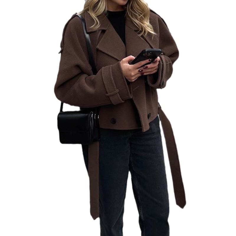 Picture of European and American cross-border 2023 autumn and winter women's woolen coat personality Street suit collar lace-up long-sleeved jacket coat for women