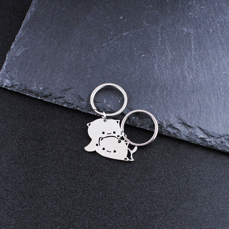 Cuddle Cat Couple Stitching Keychain Cute Cartoon Stainless Steel Key Chain Student Backpack Pendant Accessories