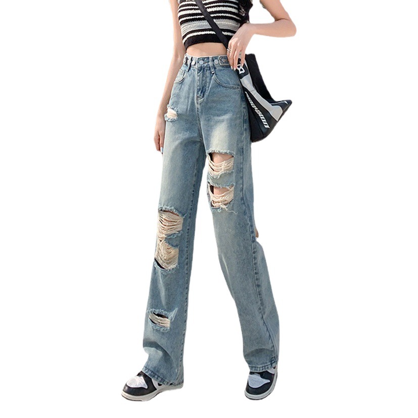 Ripped straight jeans for women 2023 Summer new high waist loose slimming high-looking all-match wide leg draping pants