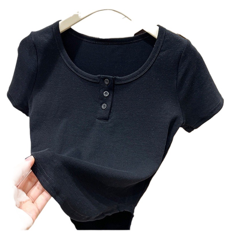 American Curved Hem Short-sleeved T-shirt Women's Summer Women's Clothing New Style Pure Desire High-end Crew Neck Short Top Women's Trendy