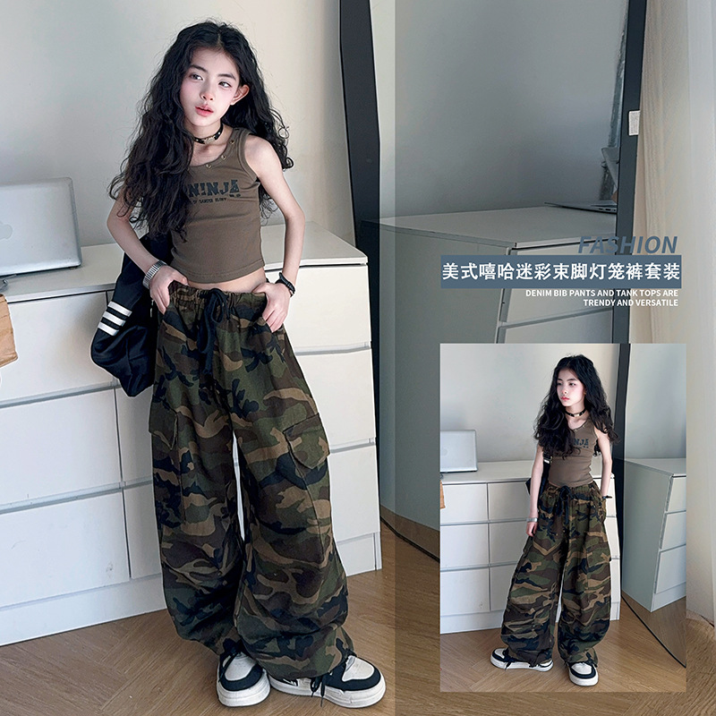 Girls' Camouflage Crane Pants Summer Children's Stylish Fashionable Leg Pants Hip-hop Street Dance Big Children's Casual Wide Leg Pants