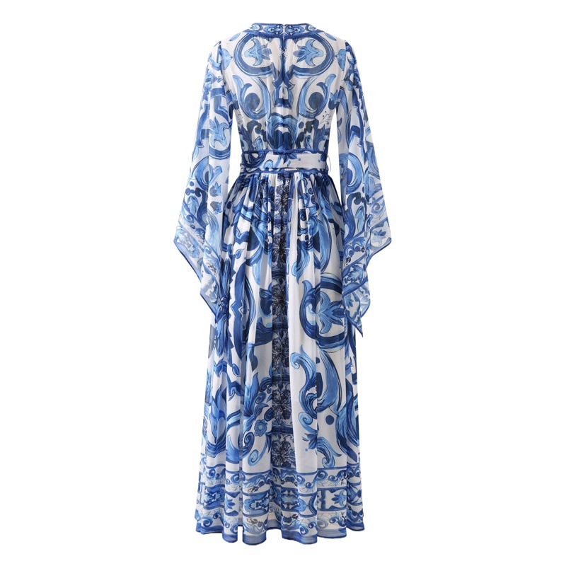 New European and American Women's Dress Snow Spinning Printed Large Swing V-neck Flying Sleeve Safflower Porcelain Dress Cross-border Women's Dress