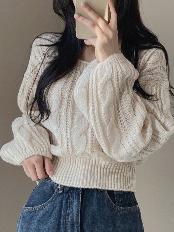 Picture of Korean style retro twist square collar pullover long sleeve sweater women's autumn and winter New loose short lazy style knitted top