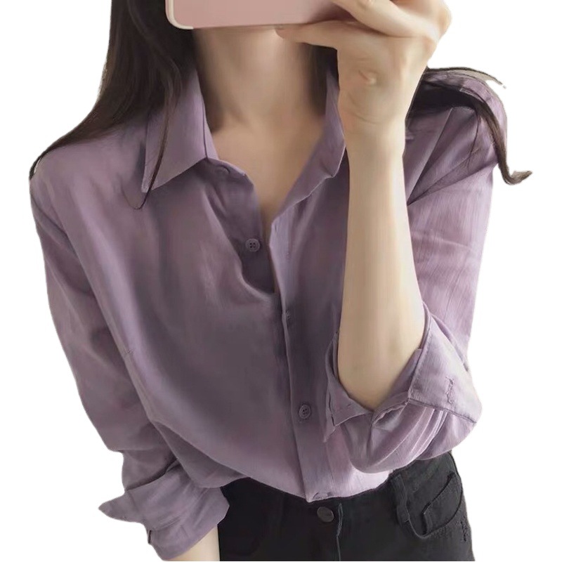 2024 Collarbone Korean Design Small Gentle Style Purple Chiffon Design Women's Sun Protection Shirt for Women