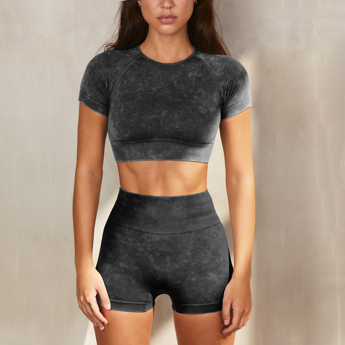European and American INS yoga clothes suit women's summer shorts short sleeve suit sand wash imitation denim fitness suit yoga clothes