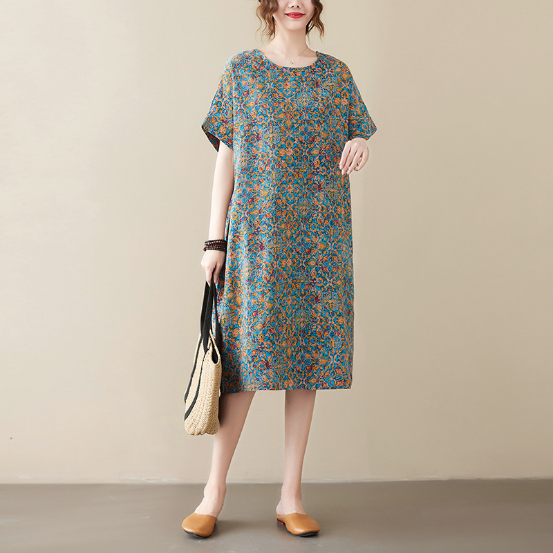 Summer new cotton printed loose short sleeve chubby girl over the knee dress retro elegant women's foreign trade plus size skirt