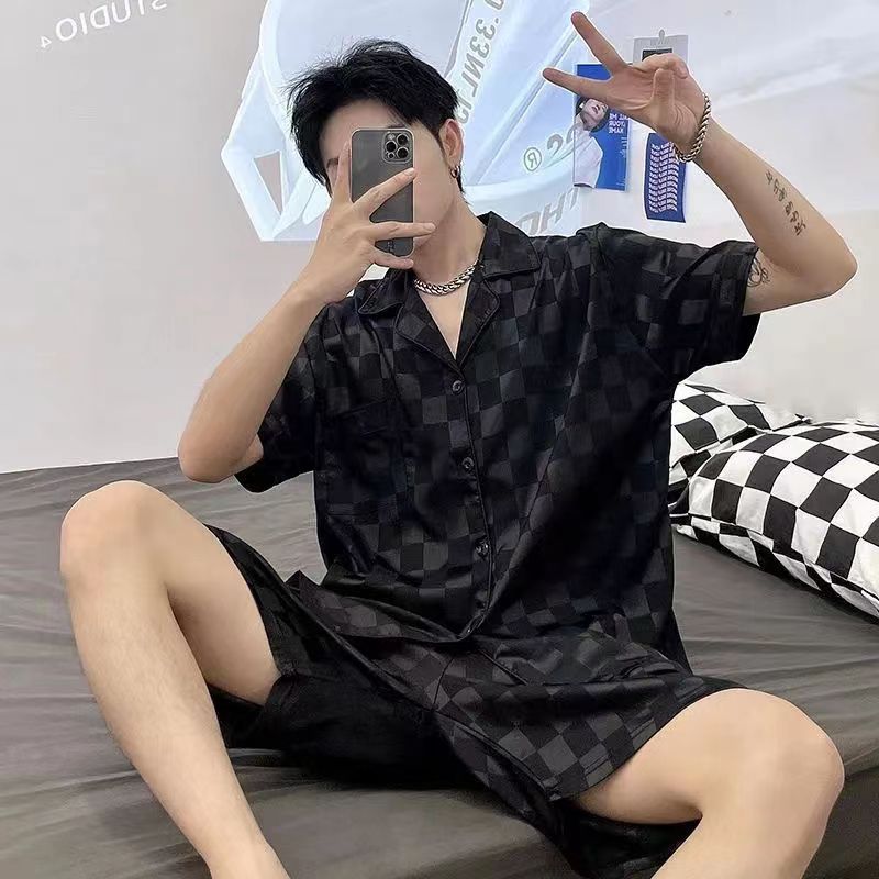 Spring and Summer Thin Imitation Silk Ice Silk Pajamas Men's Plaid Printed Cardigan Short Sleeve Shorts Plus Size Home Clothes