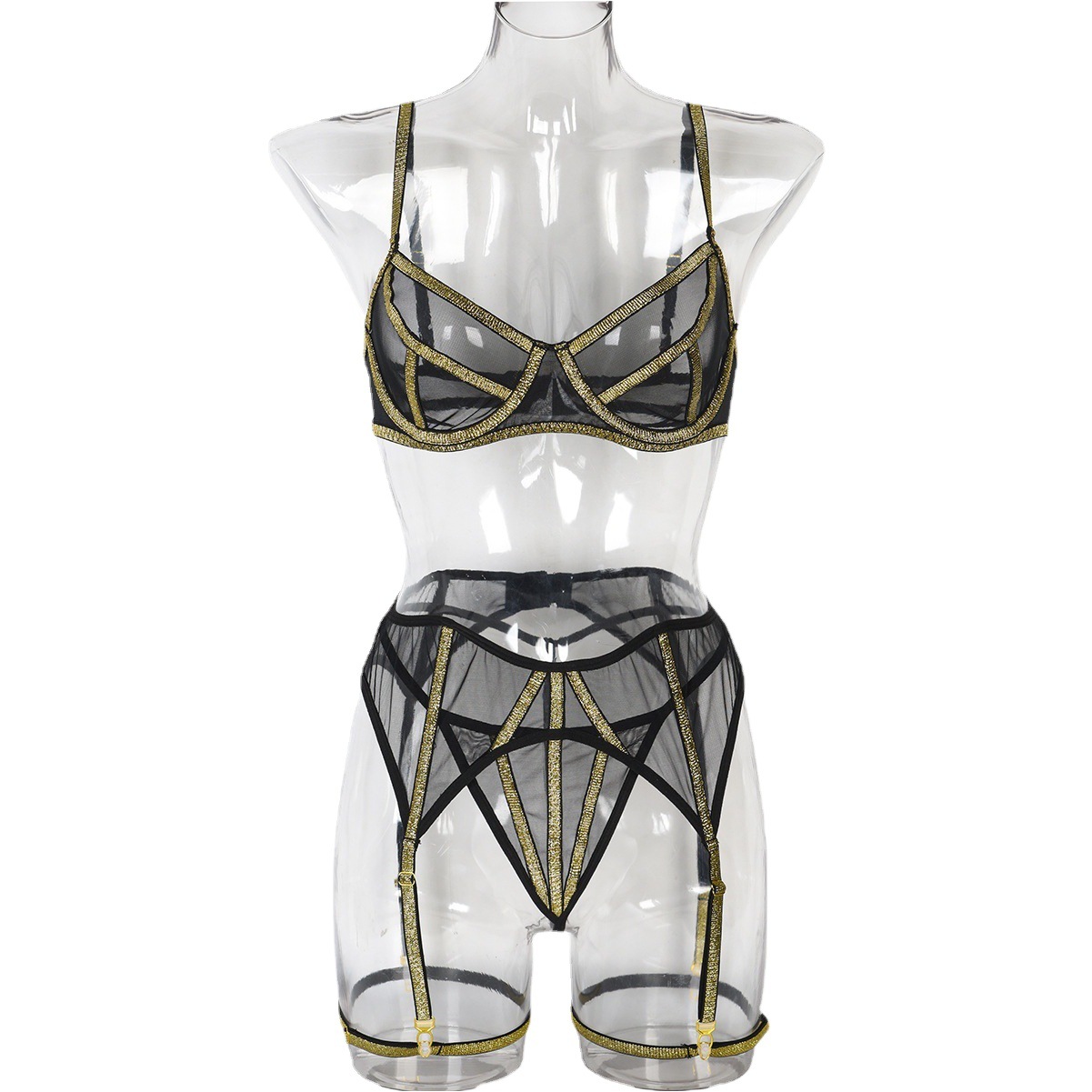 Lingerie European and American sexy underwear three-piece gold silk beautiful line mesh stitching girl sexy clothing 3343