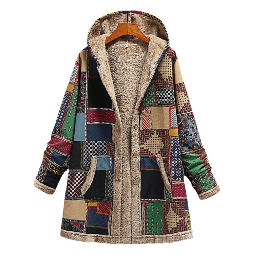 2023 Winter Amazon Wish European and American New Women's Cotton and Linen Printed Hooded Sweatshirt Warm Stuffed Jacket