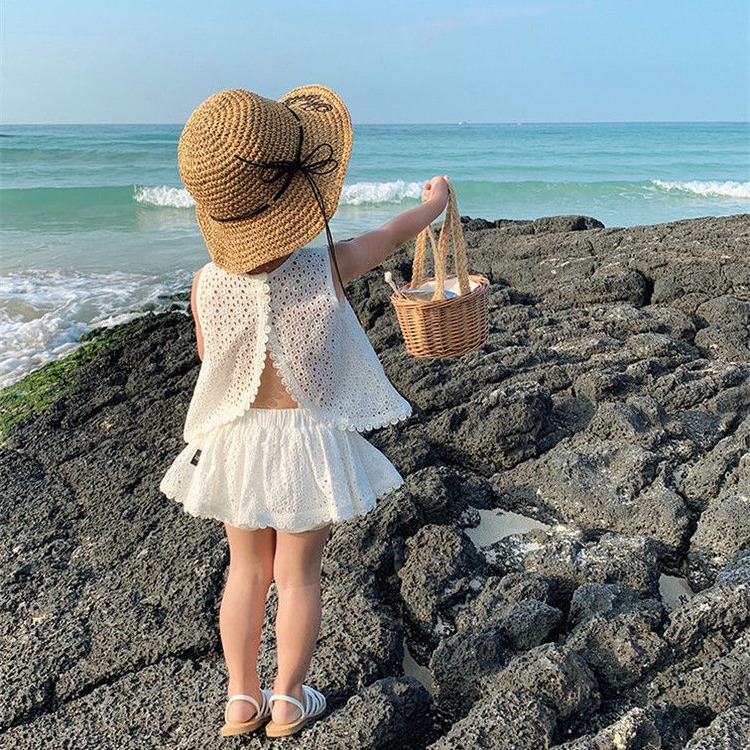 Girls Suit 2024 Summer New Children's Internet Celebrity Hollow Princess Style Skirts Backless Two-Piece Children's Clothing Set