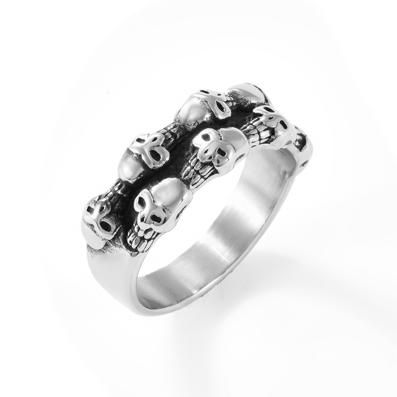 Double Row Skull Stainless Steel Ring Texture Ring Cross-Border European and American Men's Titanium Steel Glossy Hip-Hop Wholesale