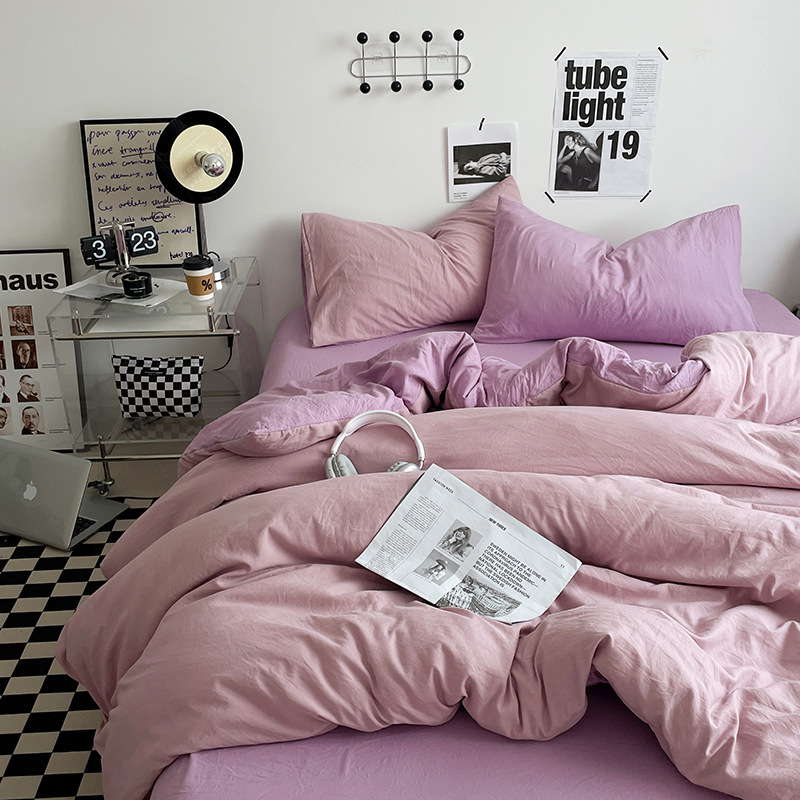 Picture of Four-piece bed set A can sleep naked wash cotton quilt cover solid color bed sheets student dormitory three-piece bed hat wholesale 4