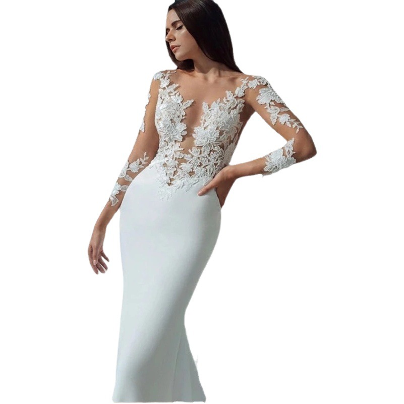 Long sleeve light wedding dress Mori 2021 new bridal simple fishtail backless travel racket small tail slimming real shot available