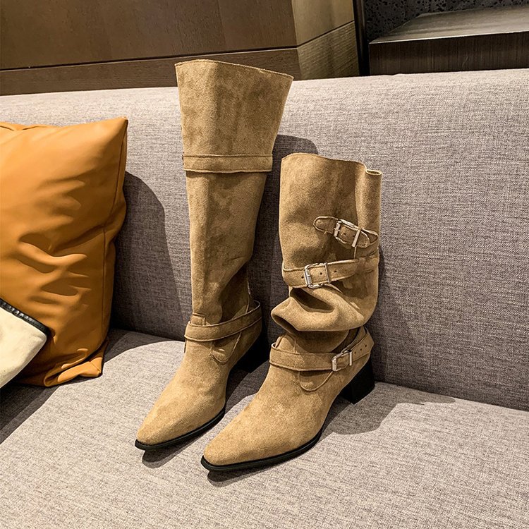 Picture of Cowhide Version ~ Thick Heel Versatile Retro Boots Women's Belt Buckle Pleated Pile Boots High-Top Western Cowboy Boots