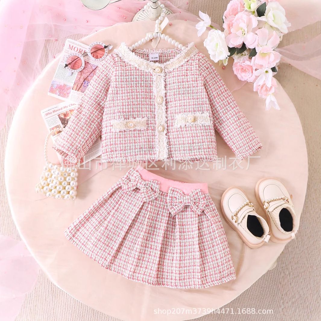 Cross-border Foreign Trade Girls' suit Spring and Autumn Knitted Long-sleeved Breasted Jacket Bow Skirt Two-piece Set