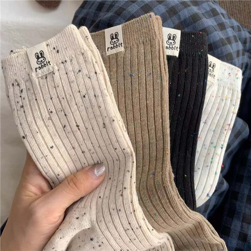 Socks Women's Autumn and Winter Maillard Mid-length Stockings Vintage Korean Style Cloth Standard Stockings Solid Color Point Yarn Piled Cotton Socks