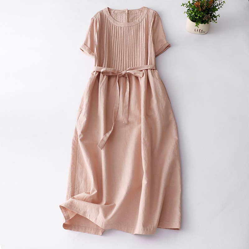 Real shot 2025 summer new cotton and linen dress women's mid-length Korean version of loose design sense niche mid-length skirt