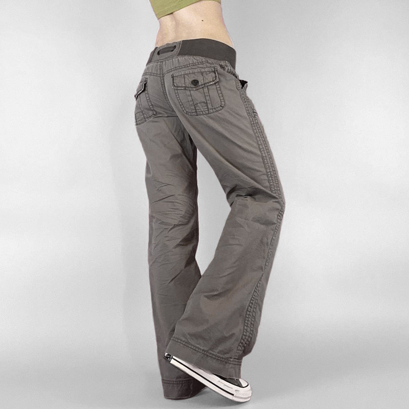 Picture of European and American Style Distinctive Street Slim-fit Slimming Workwear Trousers Women's Straight Wide Pants Strap Low Waist Casual Jeans Trendy