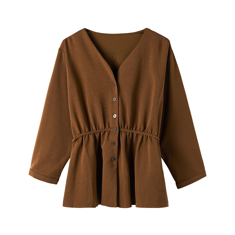 Picture of Real Shot of Ready-Made Elegant V Neck Sweatshirt for Women in Autum 2025 New Loose Large Size Pinch Pleat Waist Design Top