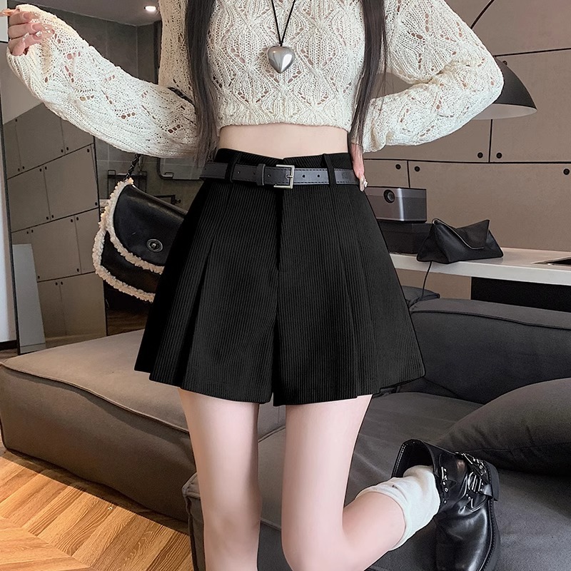 Corduroy Pleated Shorts Women's 2023 Autumn and Winter New High Waist Slimming Wide Leg Pants Fashionable Elegant A- Shoe Pants