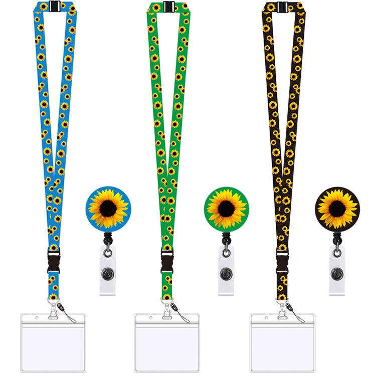 Amazon spot black sunflower flower mobile phone lanyard retractable easy to pull buckle easy to pull pvc certificate card holder