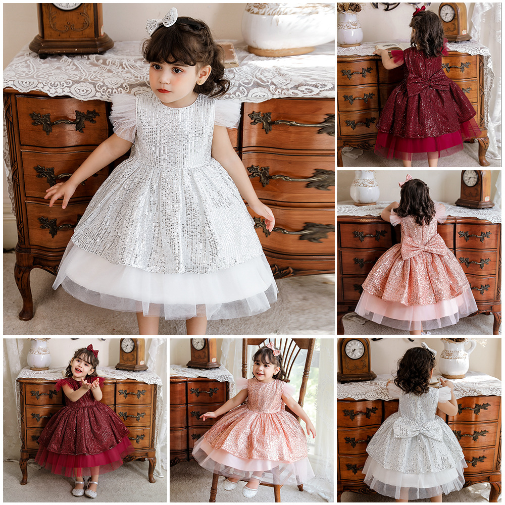 One Year Old Baby Girl Dress Princess Dress Sequin Veil Dress Birthday Little Flower Girl Wedding Children's Host Dress
