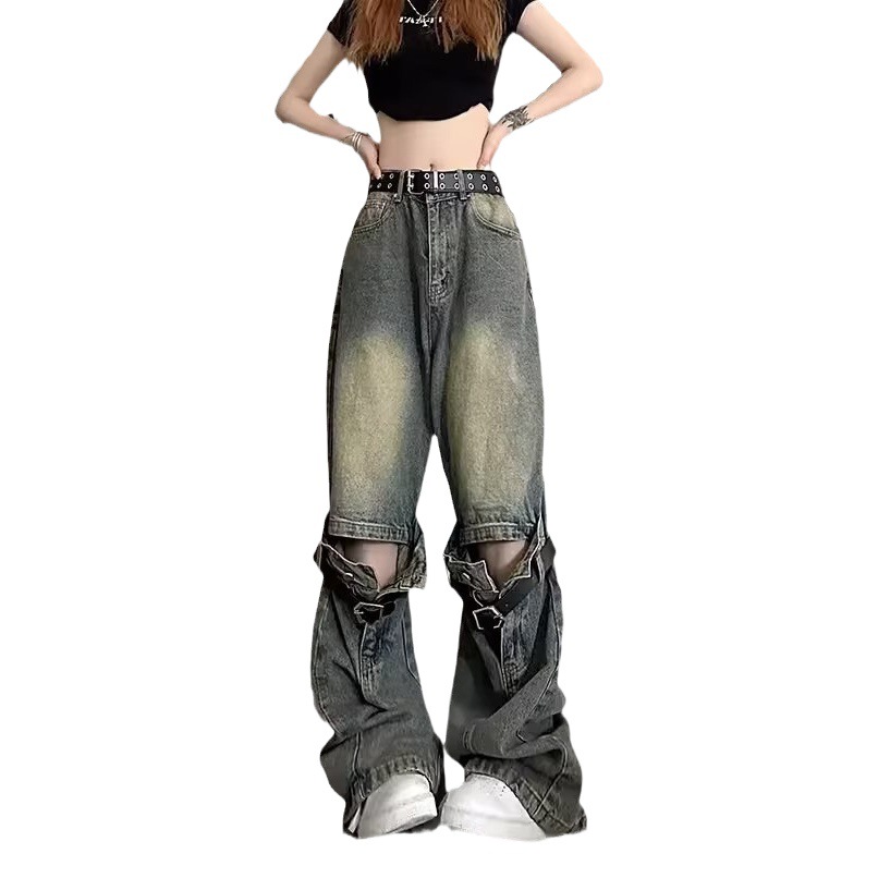 American washed distressed pants ins belt decorations buckle ripped jeans design sense niche straight pants