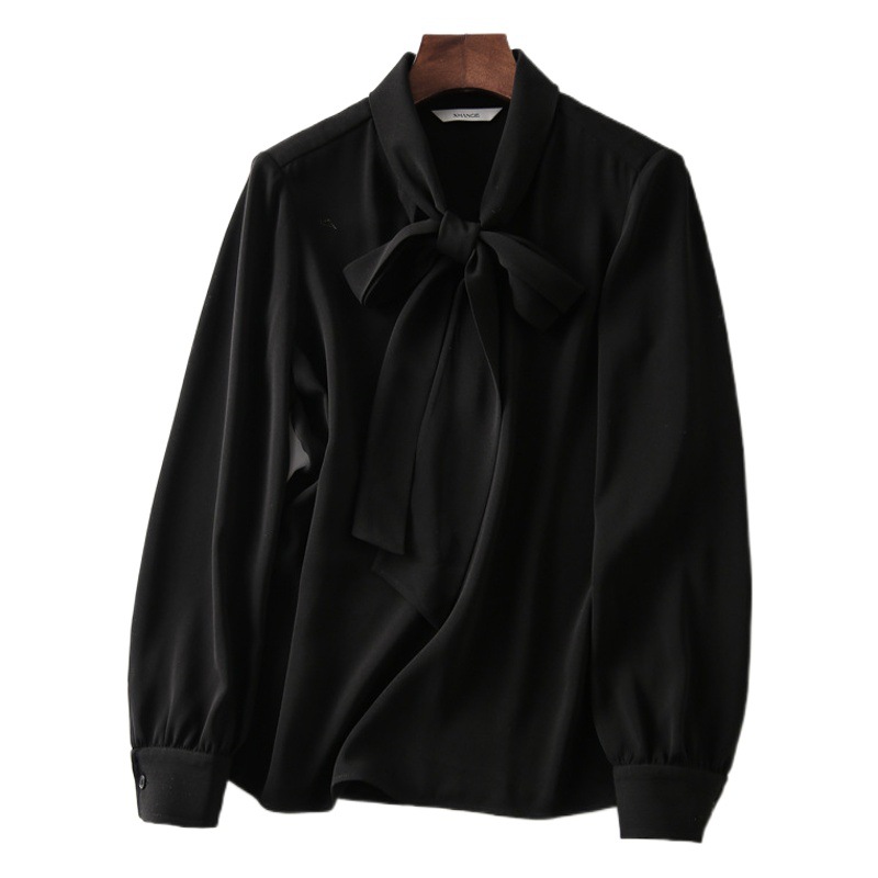 Ribbon element elegant feminine temperament 2023 Spring and Autumn new solid color top women's bow shirt