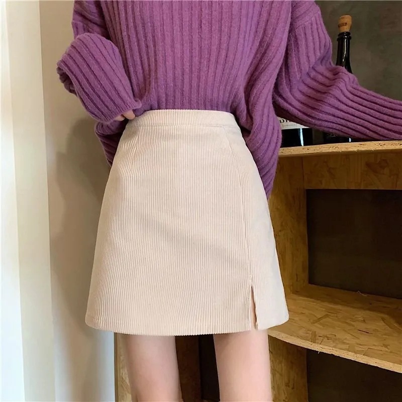 Slimming 20 Split Skirt High Waist Corduroy 22 New Autumn and Winter A- line Skirt Hip Skirt Women's Anti-slip Skirt