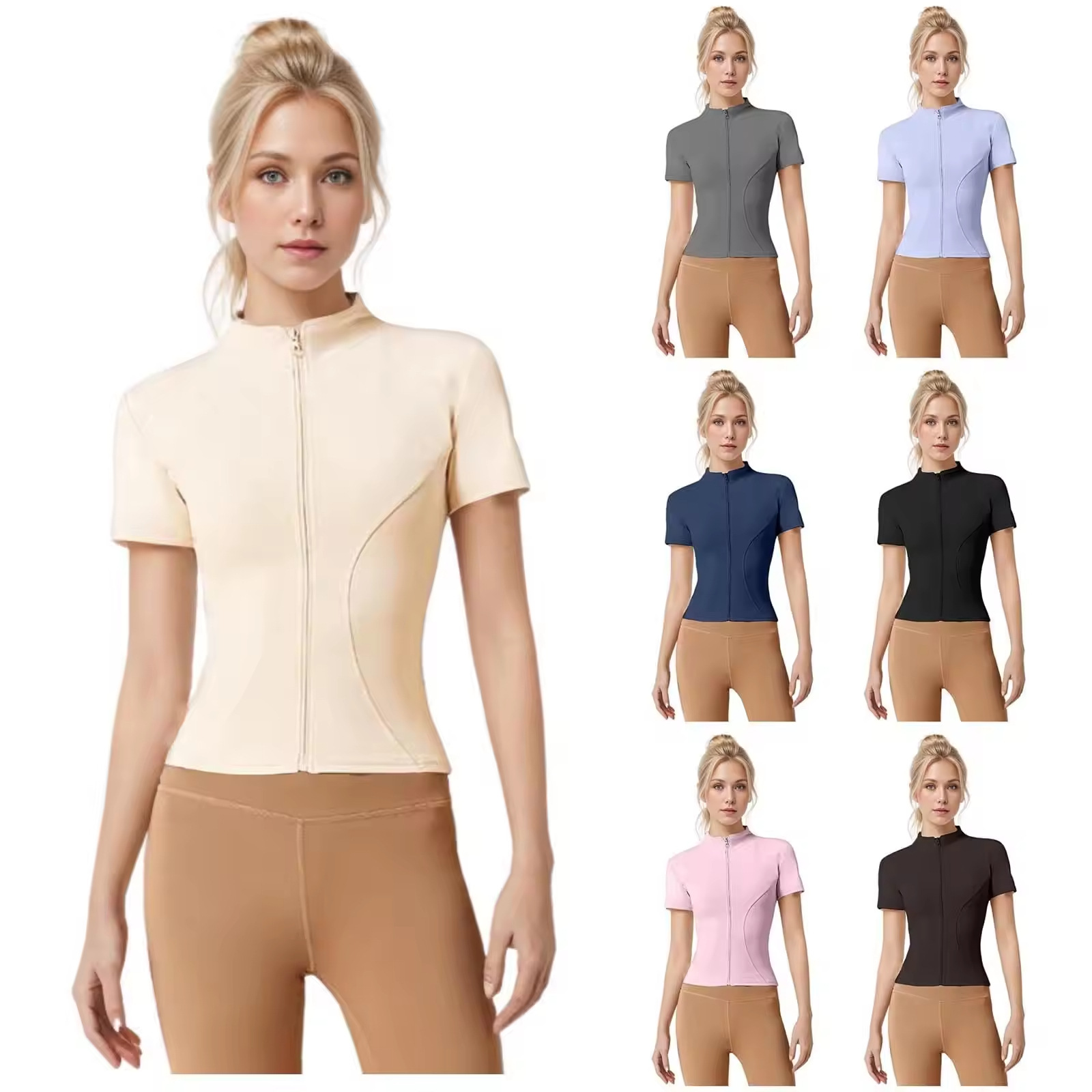 Yoga Clothes Women's Quick-drying Tight T-shirt Sports Short-sleeved Running Pilates Collar Zipper Jacket Fitness Clothes Summer