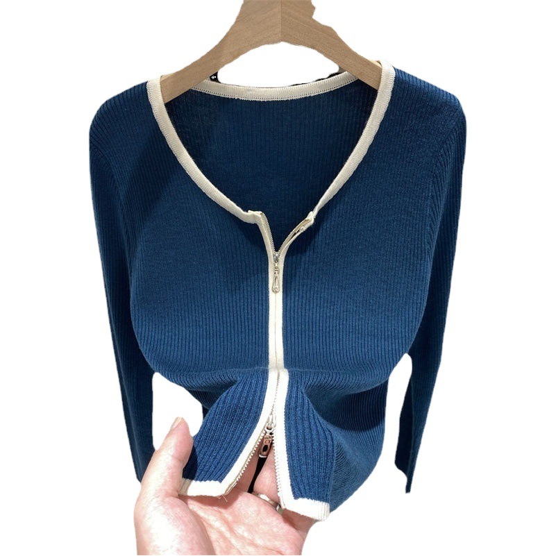 European Design Double Zipper Soft Waxy Long-Sleeved Knitted Cardigan for Women 2025 Autumn New Style Western Style Bottoming Shirt Top