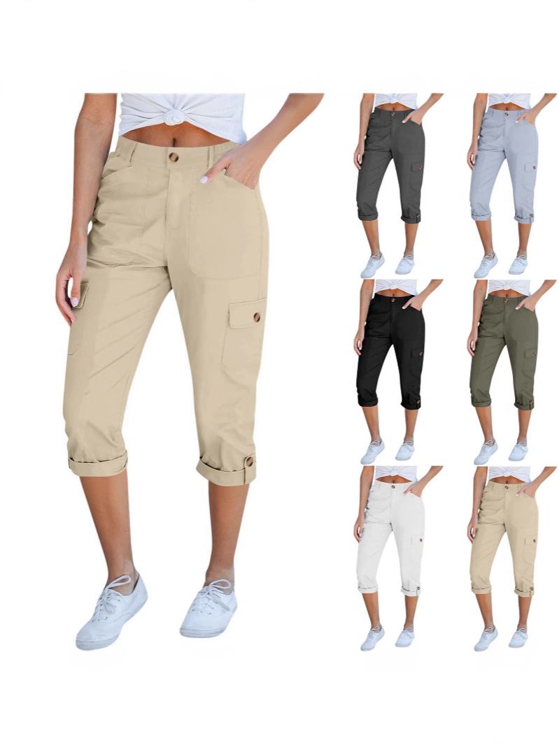 2025 Popular Amazon Summer Women's New Cropped Pants European and American Cross-Border Pure Color Multi-Flap Pocket Pants Cropped Casual Pants