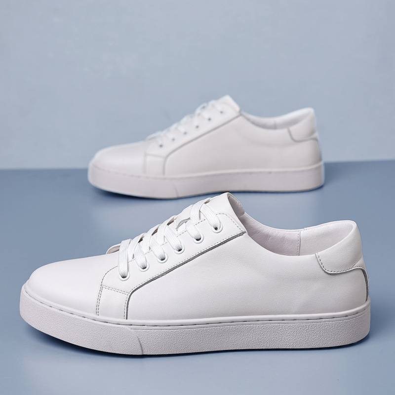British Genuine Leather Men's Shoes Thick Sole Casual Board Shoes Top Layer Cowhide Handmade Korean Style White Shoes Men's Sports Leather Shoes