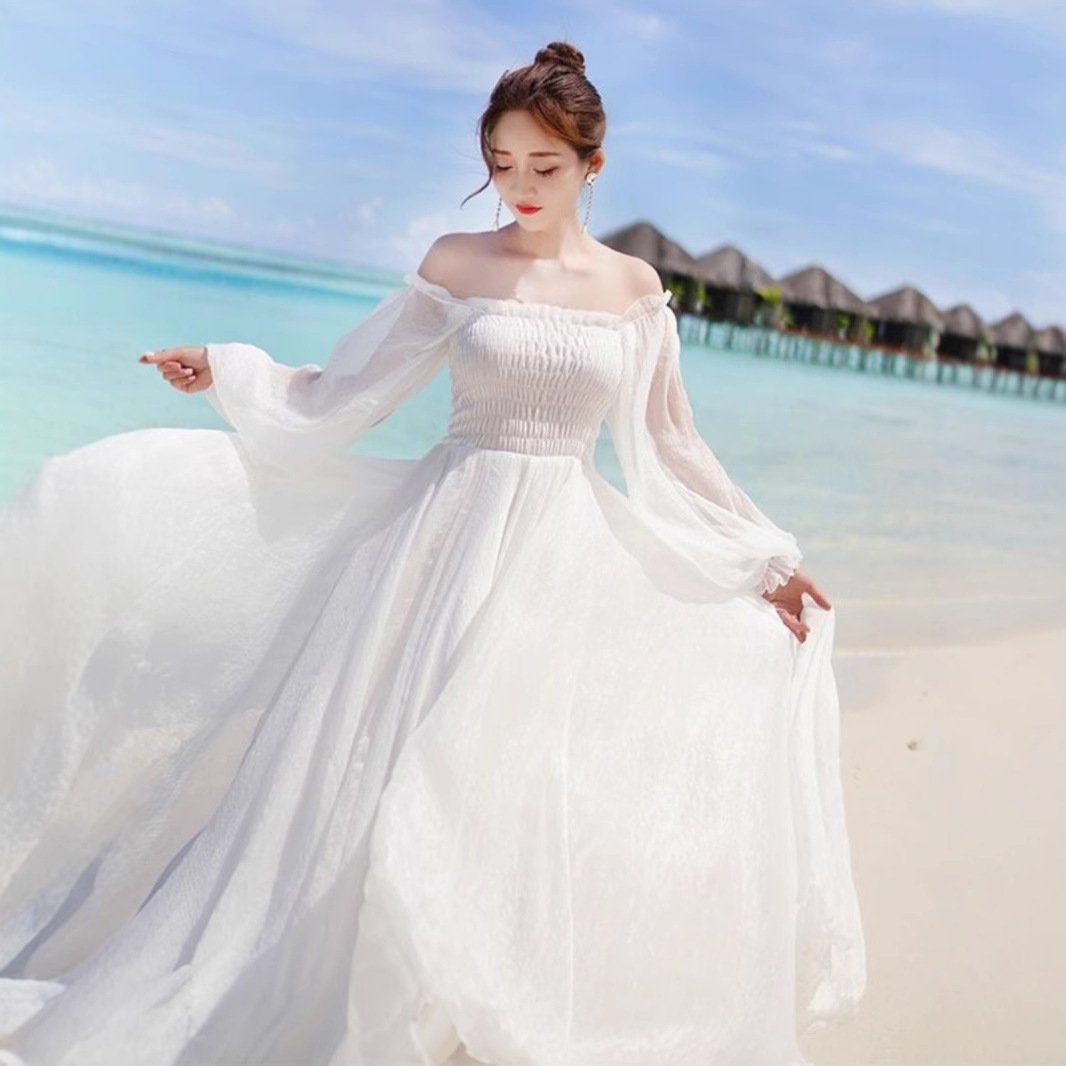 Maldives Holiday Dress Seaside Super Fairy Beach Dress 2025 New Long Skirt Chiffon One Shoulder White Dress