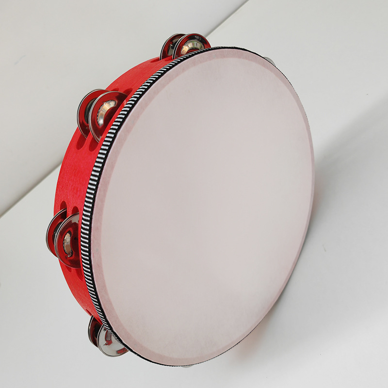 Picture of Wooden Double Row Tambourine Kidsren's Tambourine Percussion Instrument Imitation Goatskin Hand Drum Rattle Orff Musical Instrument Teaching Aids