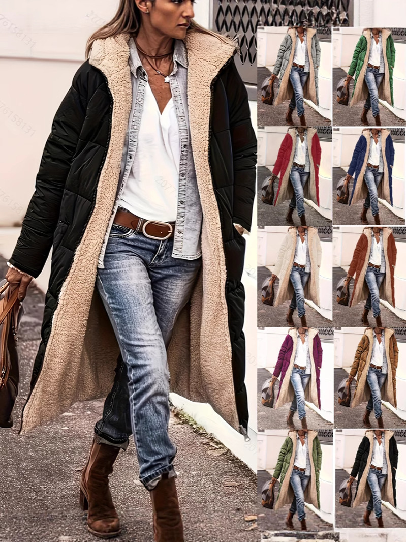 Women's European and American Autumn and Winter Cross-Border Long-Sleeved Contrasting Color Reversible Warm Hooded Jacket with Zipper Pockets