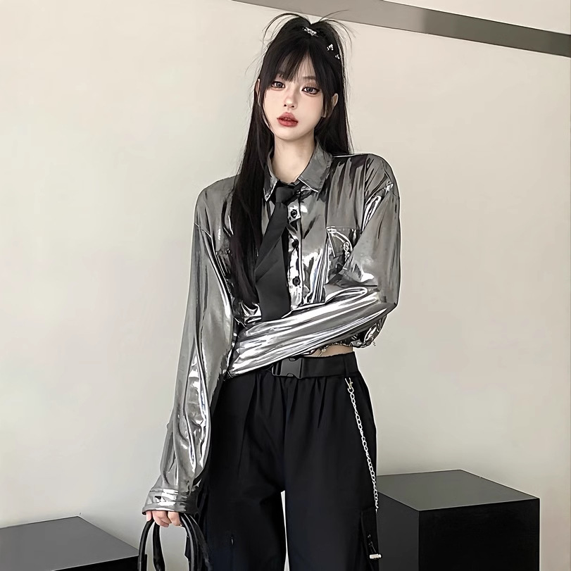 American Niche silver Long-sleeved Short Waisted Shirt Coat Hot Girl High Waist Tooling Pants Two-piece Suit for Women