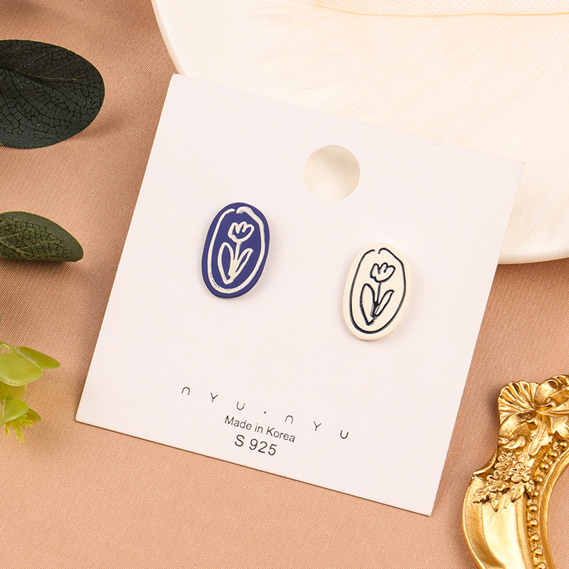 S925 silver needle asymmetric flower earrings 2023 new fashion earrings small fresh geometric contrast color ear clip B943