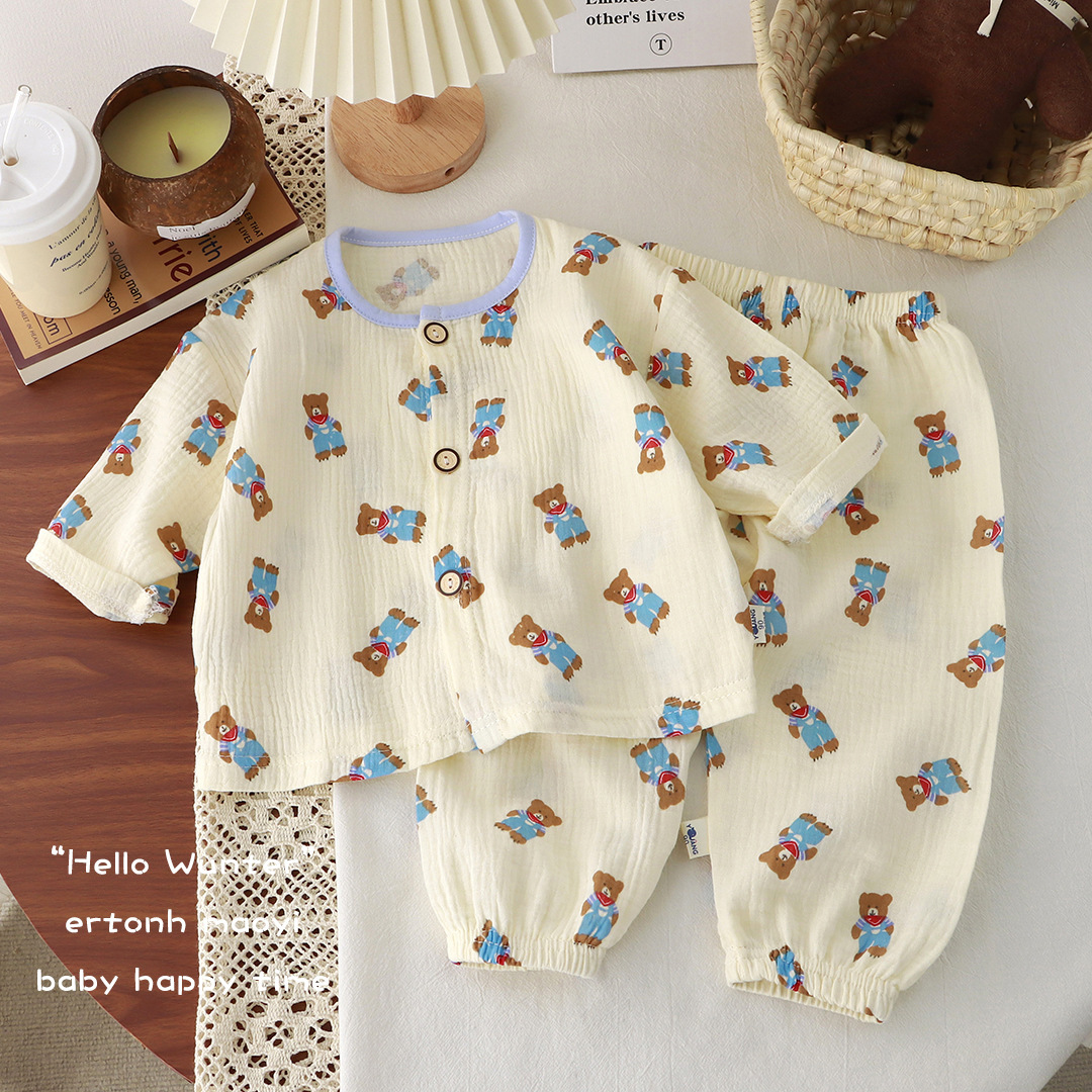 Picture of New Kidsren's Thin Double-Layer Pure Cotton Gauze Pajamas Summer Baby Home Clothes Boys and Girls Long-Sleeved Spring & Fall Suits