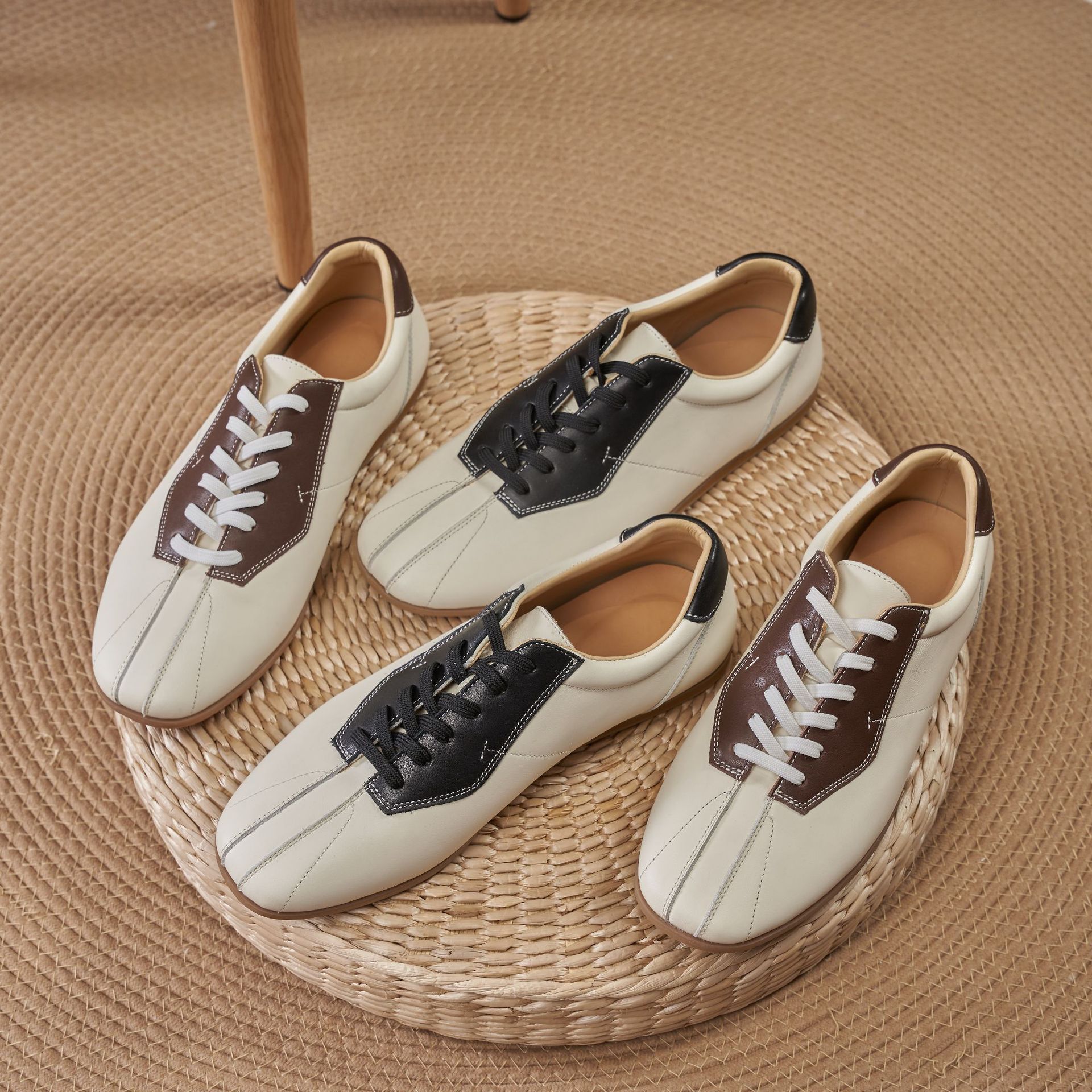 Trendy vintage bowling moral training shoes for men, A-Gan shoes color-block patchwork for daily commuting, casual flat sports leather shoes