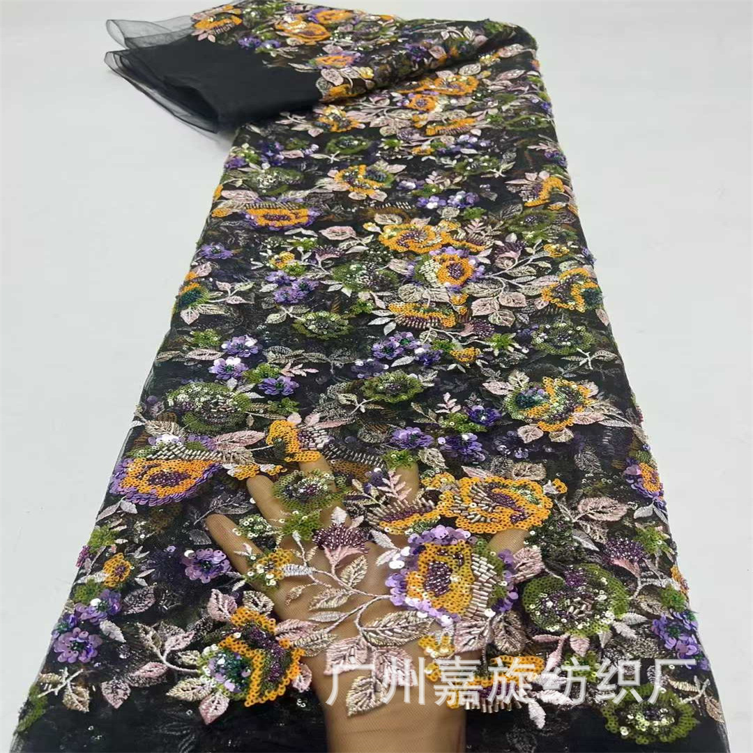 Picture of Multicolor Bead Tube Sequin Plant Embroider Mesh Fabric Fashion Wedding Dress Dress Lace Embroidered Cloth