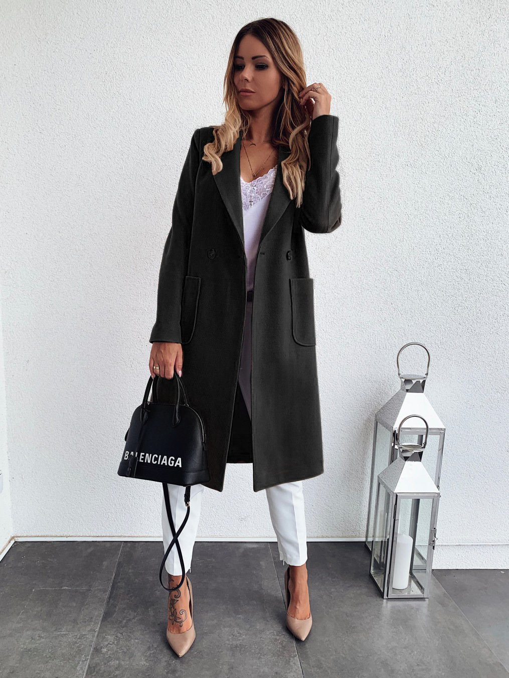 Picture of Ebay Amazon wish explosions autumn and winter solid color long sleeve double pocket suit collar tweed coat women
