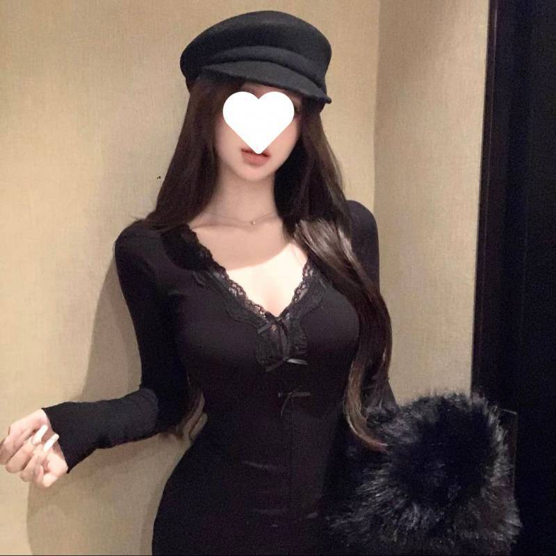 Picture of Pure Desire Grey Bow Lace Collar Long-sleeved T-shirt Women's Spring and Summer Design Sense Slim-fit Sweet and Spicy Base Top